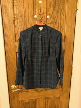J. Crew Plaid Green and Dark Blue Sheer Quarter Button Long Sleeve Blouse